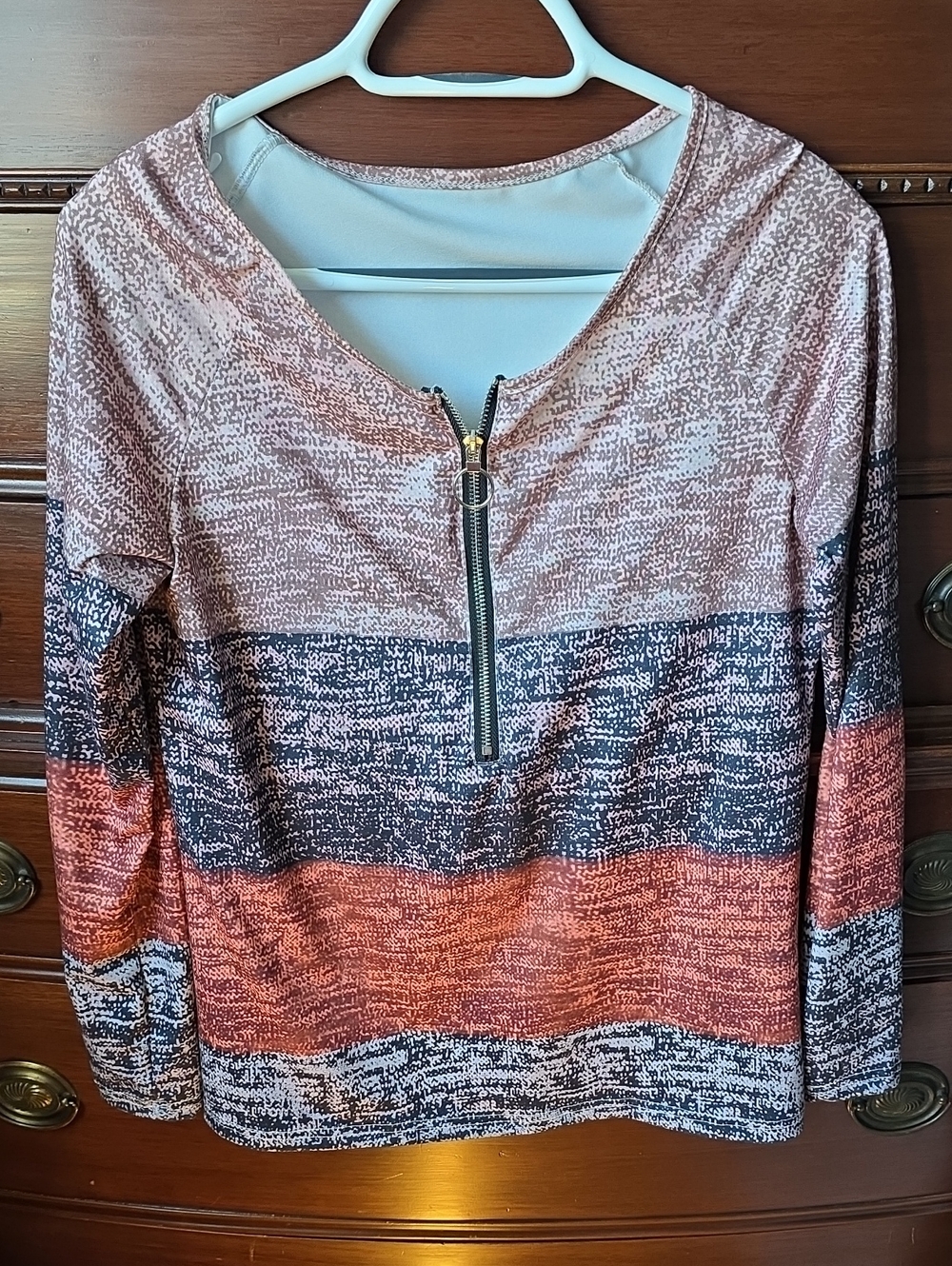 Striped Knit Zip-Front Top in Coral, Navy & Cream